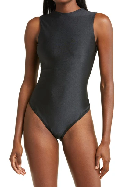 Skims Disco Mock Neck Sleeveless Thong Bodysuit In Onyx