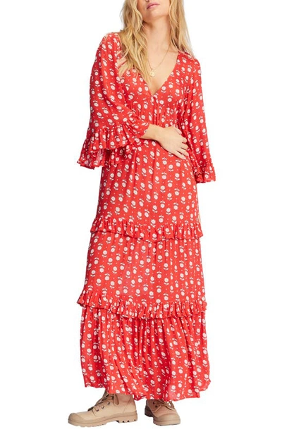 Billabong Floral & Polka Dot Tiered Maxi Dress In Red Magic