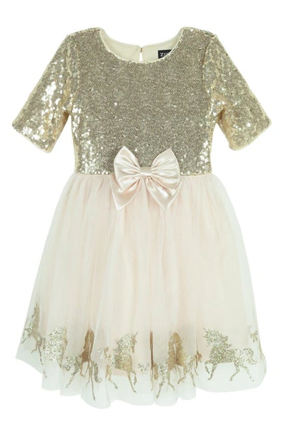 Zunie Kids' Sequin & Glitter Tulle Dress In Champagne