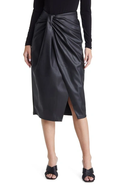 Open Edit Wrap Front Faux Leather Midi Skirt In Black