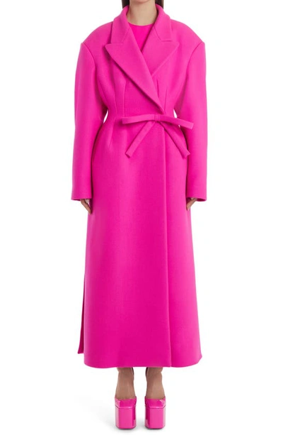 Valentino Long Wool Wrap Coat With Bow Detail In Pink Pp
