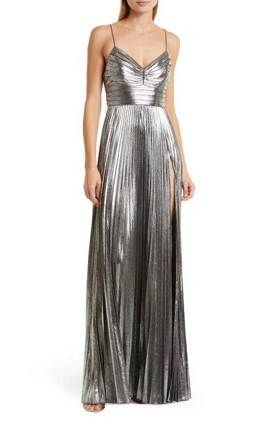Retroféte Cherith Pleated Metallic Slit Gown In Silver