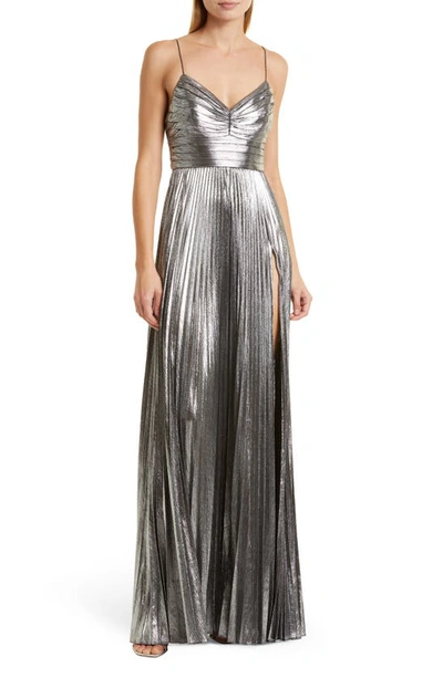 Retroféte Cherith Pleated Metallic Slit Gown In Gunmetal