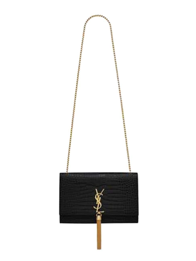 Saint Laurent Women's Kate Medium Chain Bag With Tassel In Crocodile-embossed Shiny Leather In Nero