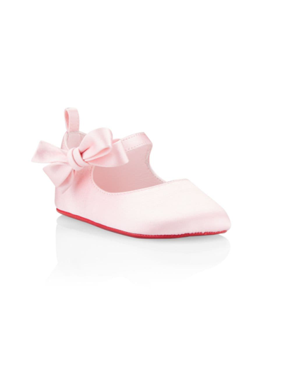 Christian Louboutin Babies' Lou Bow-embellished Silk And Leather-blend Crib Shoes 0-12 Months In Rosy