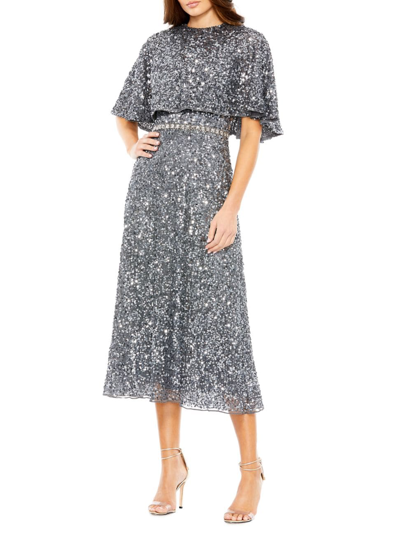 Mac Duggal Women's Sequined Cape Midi-dress In Charcoal