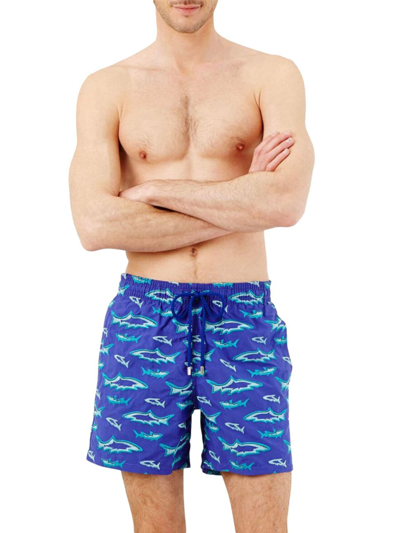 Vilebrequin Men's Requins Embroidered Swim Shorts In Purple Blue