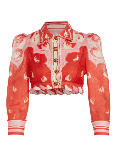 Zimmermann High Tide Cropped Printed Linen And Silk-blend Top In Red Sailboats