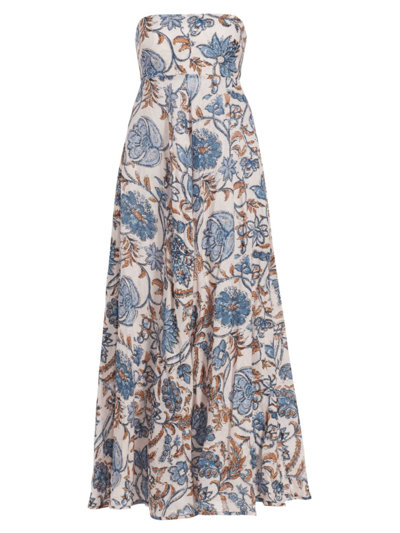 Zimmermann Vitali Strapless Floral-print Linen Midi Dress In Multicoloured