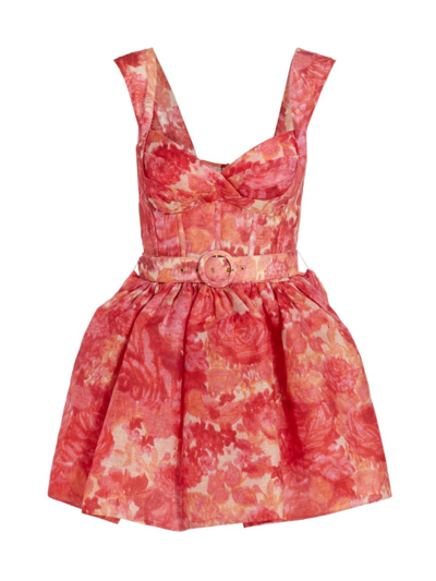 Zimmermann Floral-print Corseted Linen-silk Mini Dress In Pink & Purple