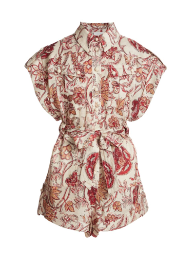 Zimmermann Women's Vitali Belted Floral Linen Playsuit In Red