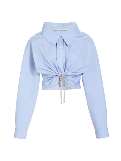Alexander Wang Women's Crystal Tie Cropped Oxford Shirt In Blue