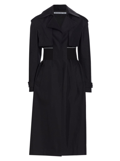 Alexander Wang Logo Elastic Waist Concealed Placket Trench Coat In Black