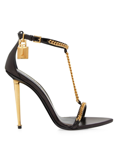 Tom Ford Padlock T-strap Chain Leather Sandals In Black