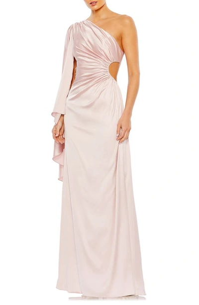 Ieena For Mac Duggal Drape Sleeve One-shoulder Satin A-line Gown In Pink