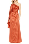 Ieena For Mac Duggal Drape Sleeve One-shoulder Satin A-line Gown In Rust