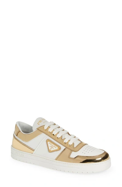 Prada Downtown Logo Metallic Low Top Sneaker In White