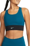 Nike Dri-fit Swoosh Padded Longline Sports Bra In Valerian Blue/ Black/ Green