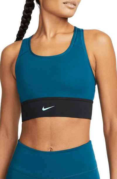 Nike Dri-fit Swoosh Padded Longline Sports Bra In Valerian Blue/ Black/ Green