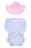 Rufflebutts Babies' Seersucker One-piece Rashguard Swimsuit & Hat Set In Blue/ Pink