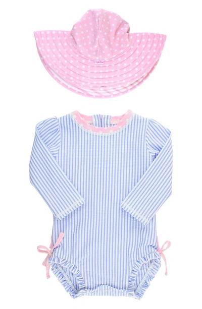 Rufflebutts Babies' Seersucker One-piece Rashguard Swimsuit & Hat Set In Blue/ Pink