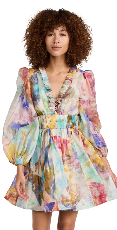 Zimmermann Floral Linen And Silk Minidress In Ikat Patch Floral
