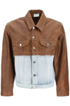 Vtmnts Contrasting Leather-block Denim Jacket In Brown,blue