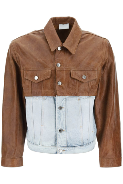 Vtmnts Convertible Leather And Denim Jacket In Brown