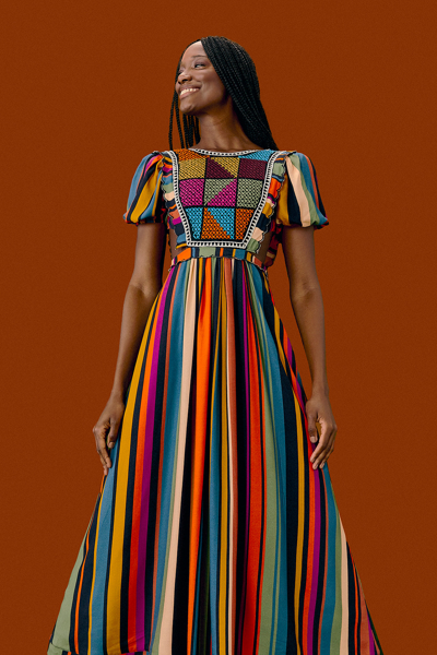 Farm Rio Extraordinary Stripes Embroidered Lenzing™ Ecovero™ Viscose Midi Dress In Warming Stripes Multicolor