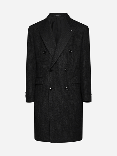 Tagliatore Chevron-motif Wool-blend Coat In Black