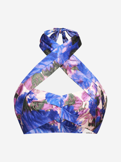Zimmermann High Tide Floral Silk Halterneck Crop Top In Purple Ikat Floral