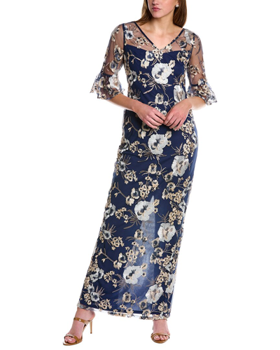Adrianna Papell Embroidered Column Gown In Blue