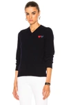 Comme Des Garçons Play Double Emblem V Neck Sweater In Black