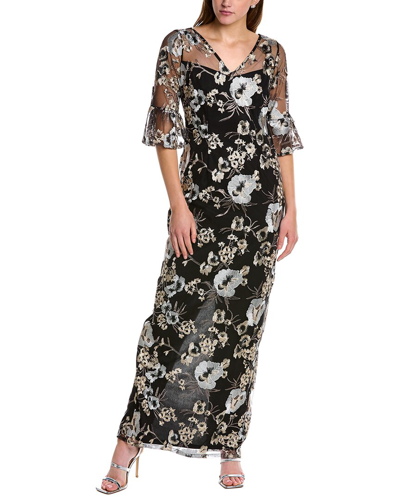 Adrianna Papell V Neck Embroidered Bell Sleeve Gown In Black