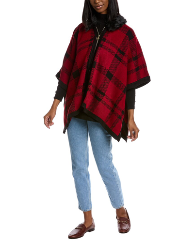 Anne Klein Petite Plaid Zip-front Poncho With Faux-fur Trim In Red
