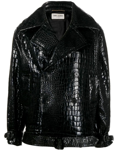 Saint Laurent Double-breasted Leather Coat In Nero