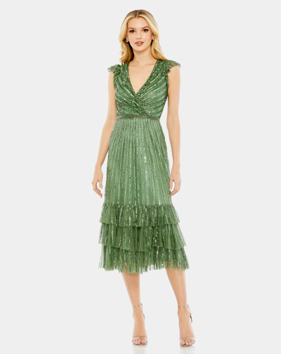 Mac Duggal Sequined Wrap Over Cap Sleeve Ruffle Hem Dress In Sage