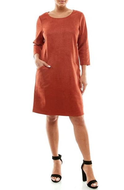 Nina Leonard Crewneck Three-quarter Sleeve Trapeze Dress In Rust