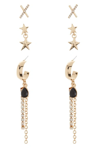 Melrose And Market Set Of 3 Stud, Star & Drop Huggie Hoop Earrings In Clear- Black- Gold