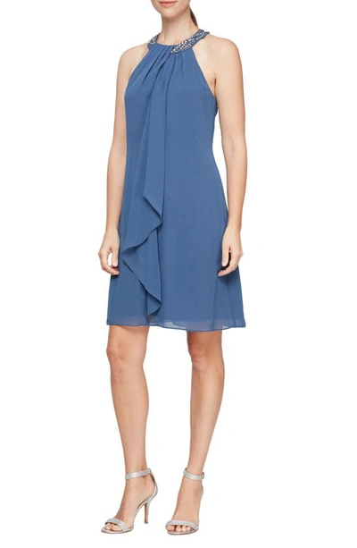 Slny Bead Braided Halter Chiffon Dress In Wedgewood