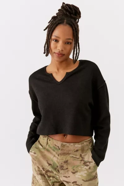 Urban Outfitters Uo Parker Notch Neck Long Sleeve Top In Washed Black