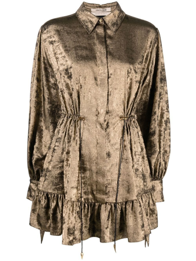 Roberto Cavalli Metallic-effect Shirt Dress In Gold