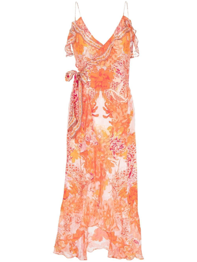 Camilla Floral-print Silk Wrap Dress In Orange