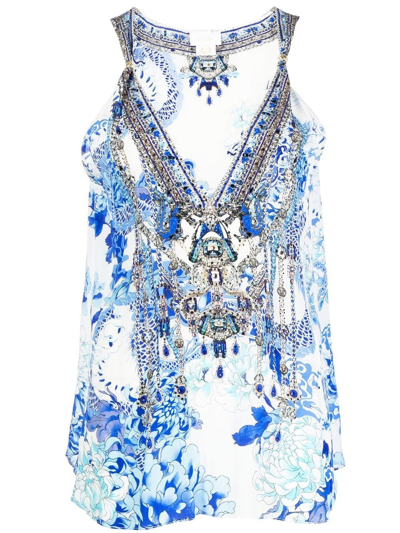 Camilla Dragon-print V-neck Blouse In Blue