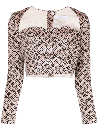 Rokh Long-sleeve Bustiere Corset Crop Top In Pink With White E