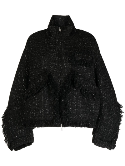 Goen J Stand-collar Tweed Bomber Jacket In Black