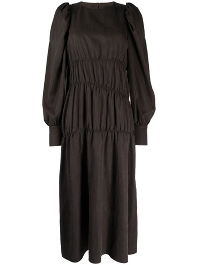 Goen J Ruched Puffed-sleeve Midi Dress In Brown