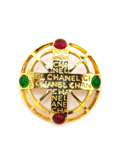 Pre-owned Chanel Logo-engraved Gemstone-embellished Brooch In Gold