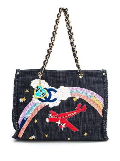 Pre-owned Chanel Airplane Rainbow Denim Tote Bag In Blue