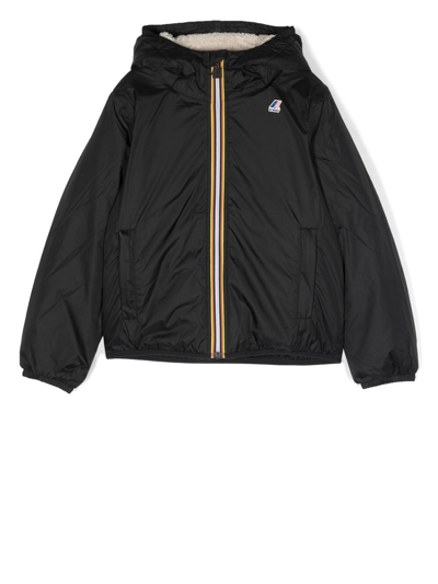 K-way Kids' Logo-print Hooded Rain Jacket In Ecru-green Blackish